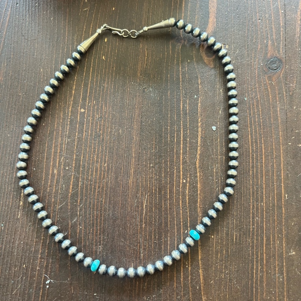 Silver and Turquoise Navajo Pearl Beaded Necklace
